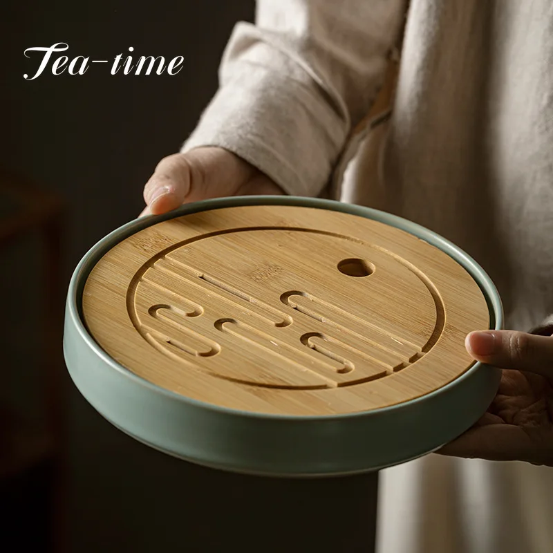 

New Ru Kiln Bamboo Cover Pot Bearing Azure Porcelain Water Storage Dry Brewing Table Small Tea Tray Chinese Kung Fu Tea Ceremony