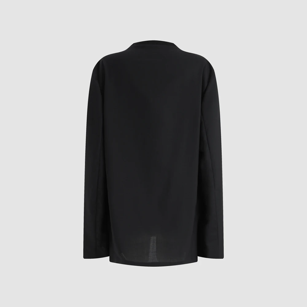 Ladies Wool‑Cotton Blend Collarless Blazer Jacket V‑Neck Loose Fit Long Sleeve Minimalist Office Commuter Casual Outerwear Coat