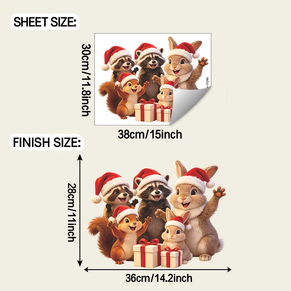 Christmas Squirrel Raccoon Rabbit Small Animal Static Window Clings, Home Window Balcony Glass Decals, Xmas Home Decor Stickers