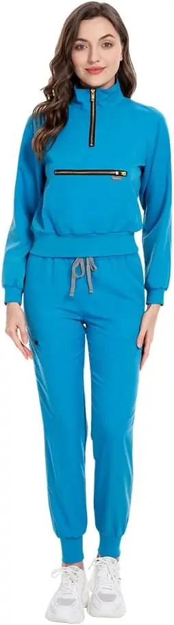 Niaahinn-Long Sleeve Scrub Set para Mulheres, Top, Jogger, Calças, Uniformes de Trabalho Médicos com Bolsos, Enfermeira Uniformes