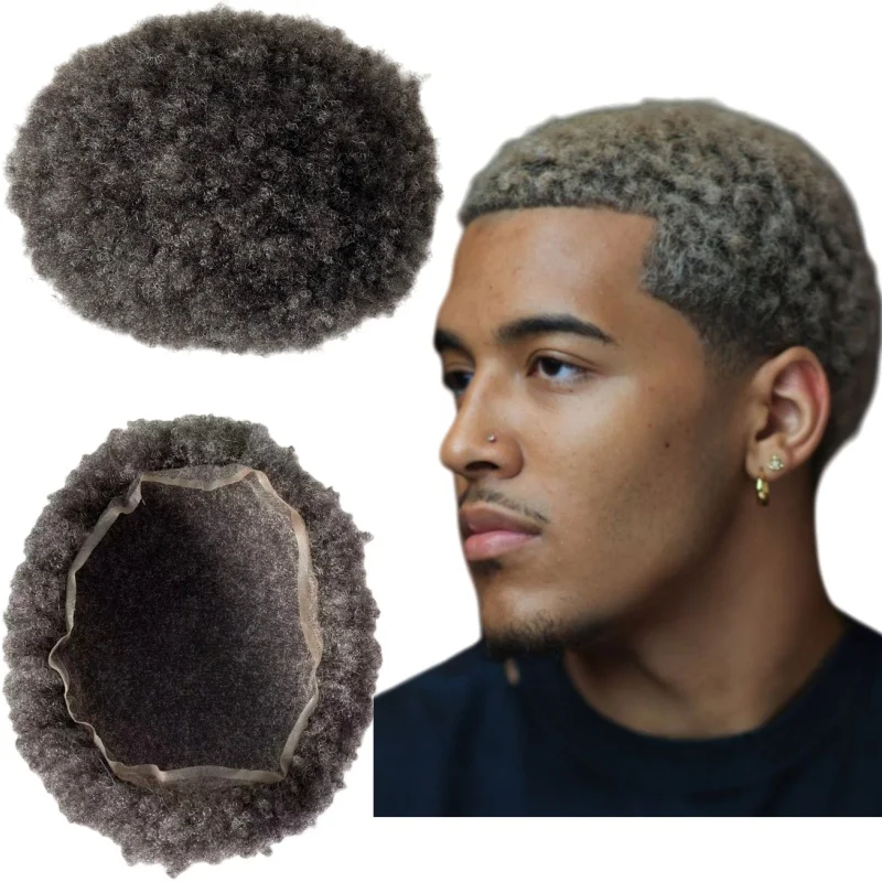 

Brazilian Virgin Human Hair Systems 4mm Root Afro 1b50 Grey White Human Hair Full Lace Toupee for Old Black Men