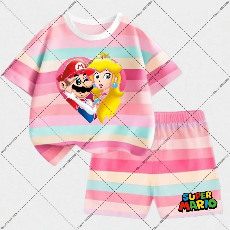 Футболки + короткий комплект Super Mario Bros для мальчиков и девочек, модная детская летняя одежда с короткими рукавами и принтом персонажей принцессы персика
