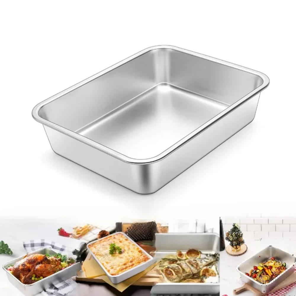 Thickened Stainless Steel Deep Pan Multifunction Roast Chicken Salad Cake Cookie Bakeware for Brownie Bread Meat Baking Pan