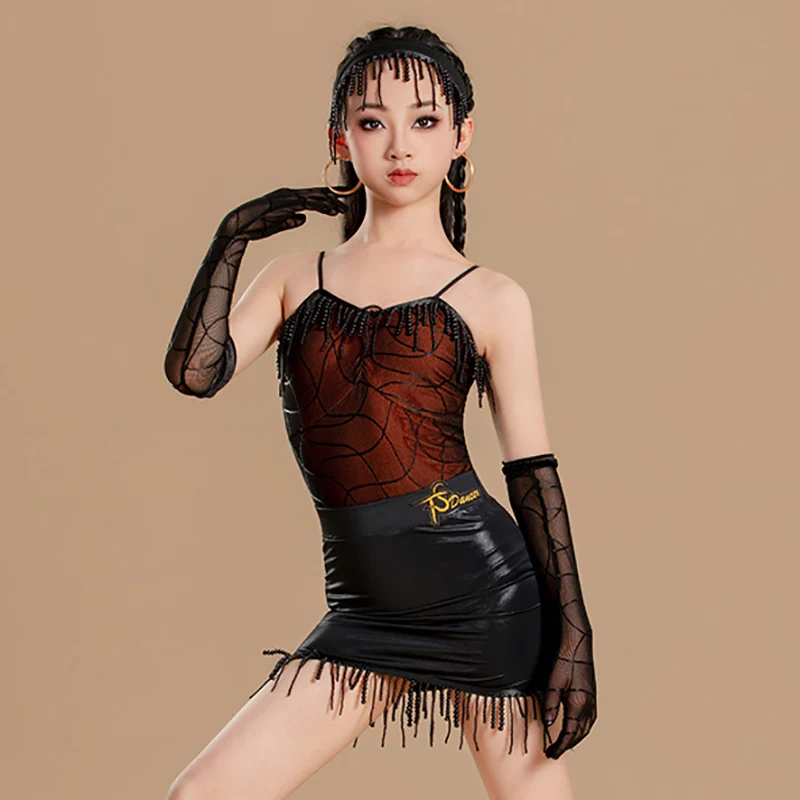 Costume da ballo latino per bambina, body in rete con stampa con cinturino per spaghetti e gonne con nappe con perline, abbigliamento da ballo da competizione Rumba Chacha