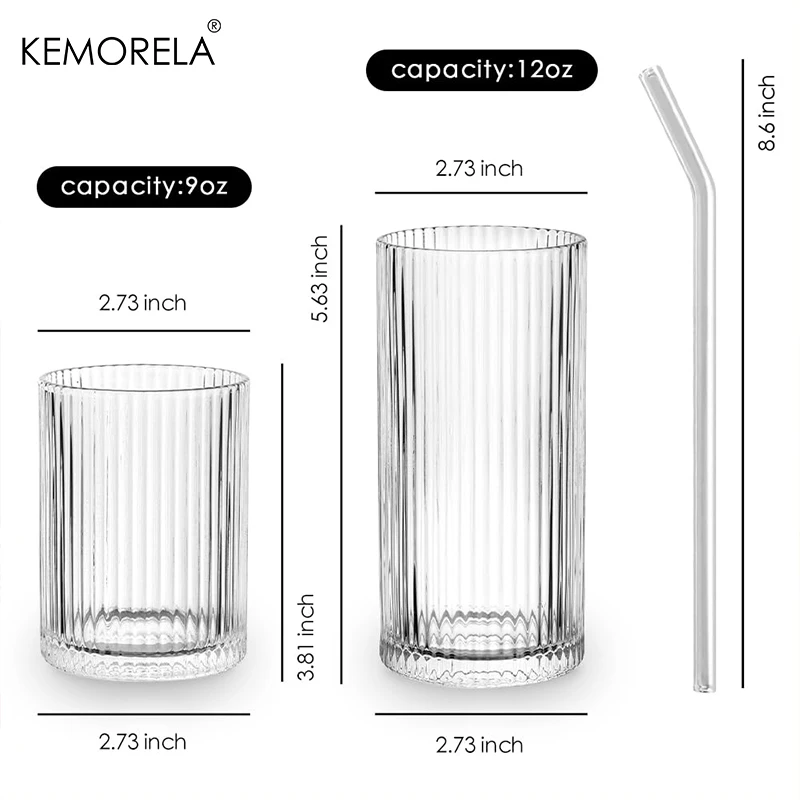 KEMORELA 8PCS Glass Cups Ribbed Glassware set Include 4 Large Glasses 17 oz 4 Glass Cups 10 oz Vintage Glassware Cocktail Glass