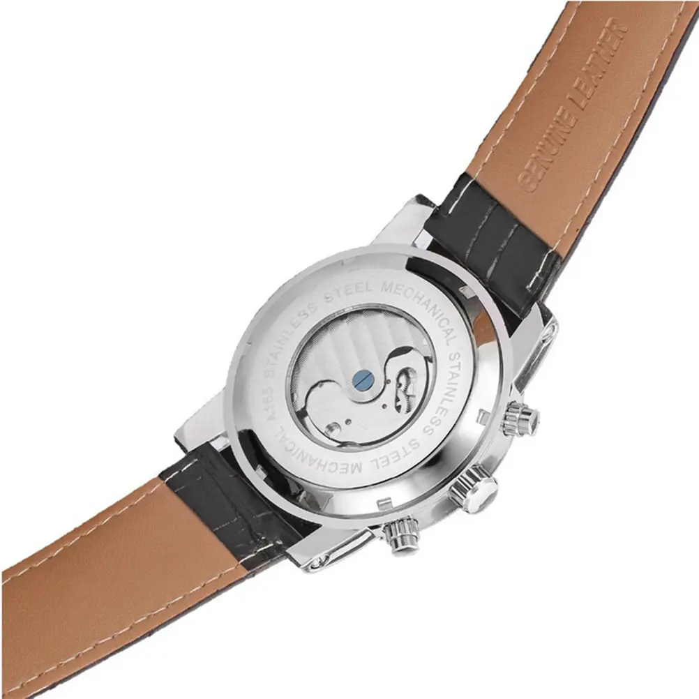 Automatic Mechanical Wrist Watch for Men Silver White Tone Stainless PU Strap Time Date Week Function Daily Wear