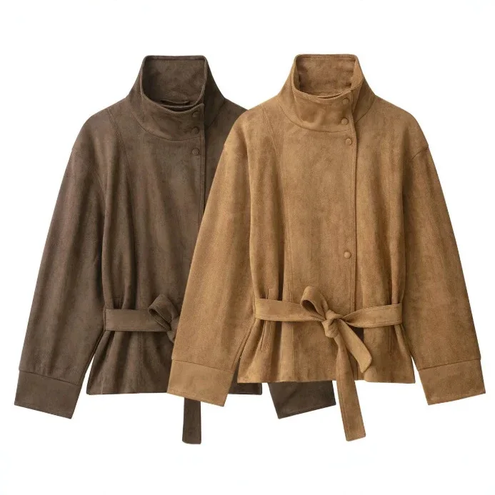 Classy Faux Suede Jacket Vintage Belted Turn Down Collar Long Sleeve Pockets Solid Color Short French Casual Wear Outerwear Coat