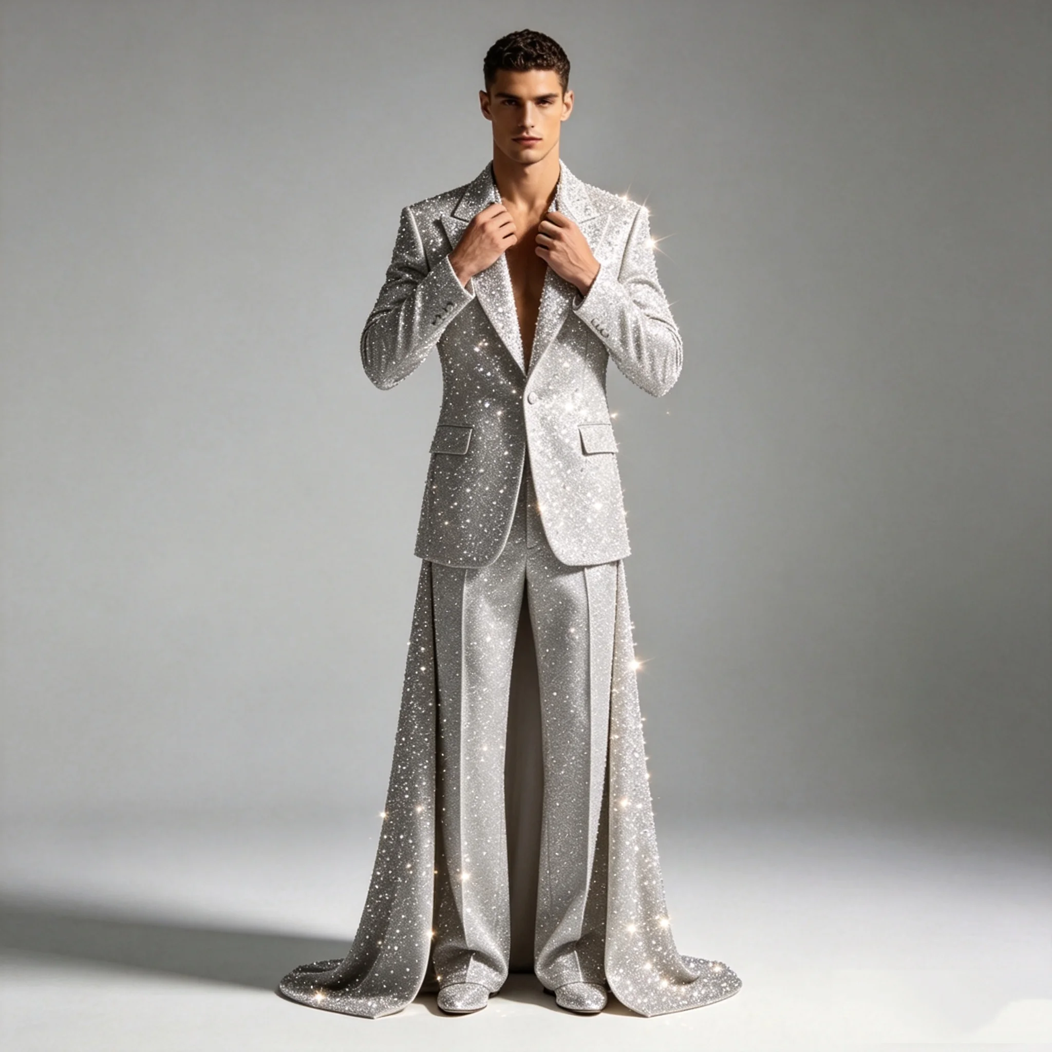 

Silver Shiny Men Suit Set 2 Pcs Blazer+Pants With Long Train Wedding Tuxedos Coat Customized Formal Office Fashion Groom Jacket