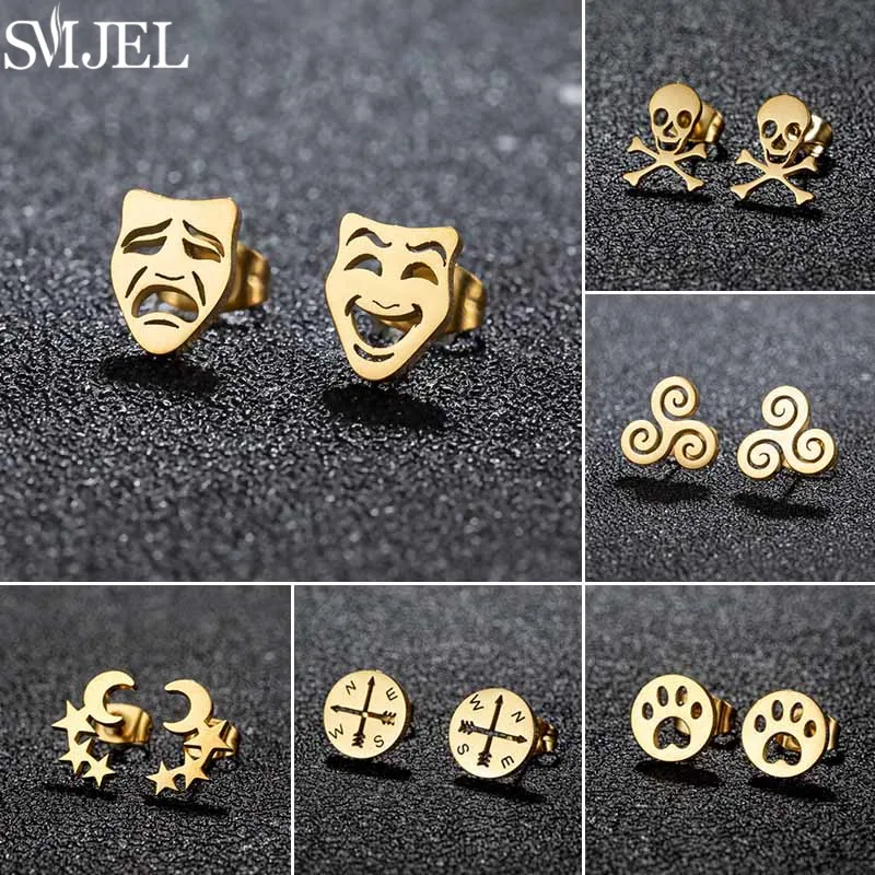 Stainless Steel Stud Earrings Skull Compass Footprint Mask Design Punk Hip Hop Earring for Men Women Piercing Fashion Jewelry