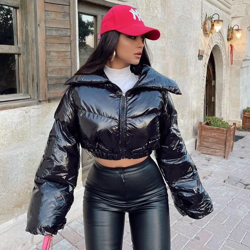 Fashion Women Shinny PU Leather Short Puffer Jacket Thick Bubble Coats Outerwear Glossy Leather Parka Down Zipper Cropped Jacket