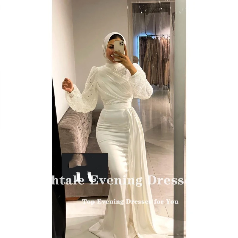 Eightale Sparkly Prom Dresses Muslim Long Sleeves Satin Ivory Mermaid Evening Party Gown Arabic Muslim Karakou robes de soirée