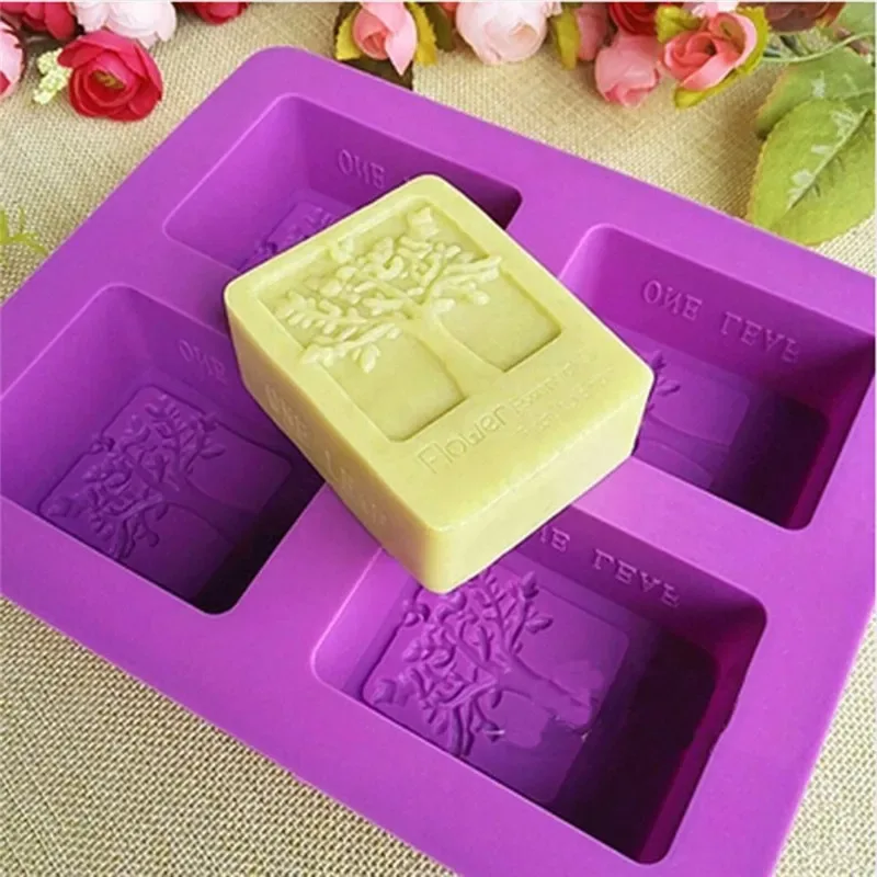 4 Hole Square Soap Mould Party Dessert Silicone Mould Tree Crafts Chocolate Cake Moulding Hand Tools