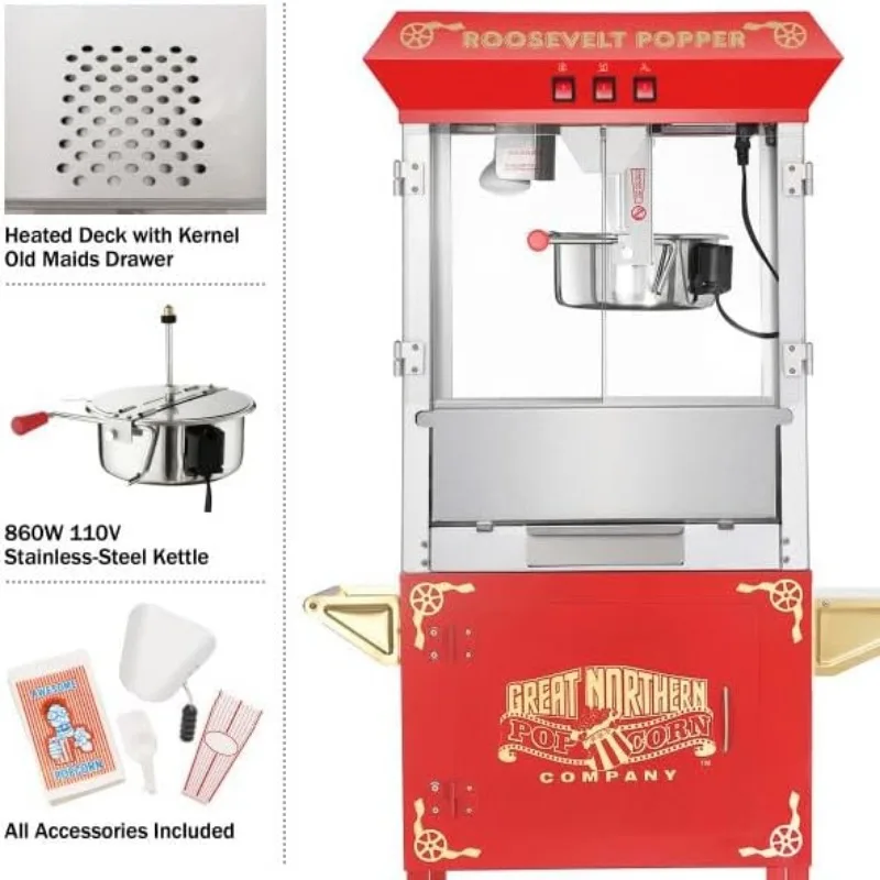 Popcorn Machine with Cart – 8oz Popper with Stainless-steel Kettle, Heated Warming Deck (Red)