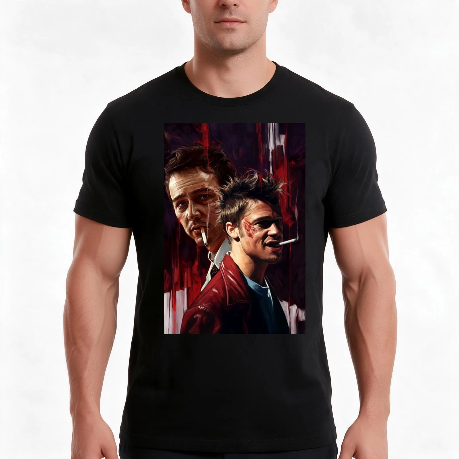 Fight Club Tyler Durden And The Narrator Smoking Drawing T-Shirt, Summer Casual Cotton Tee, Oversized Streetwear Tops