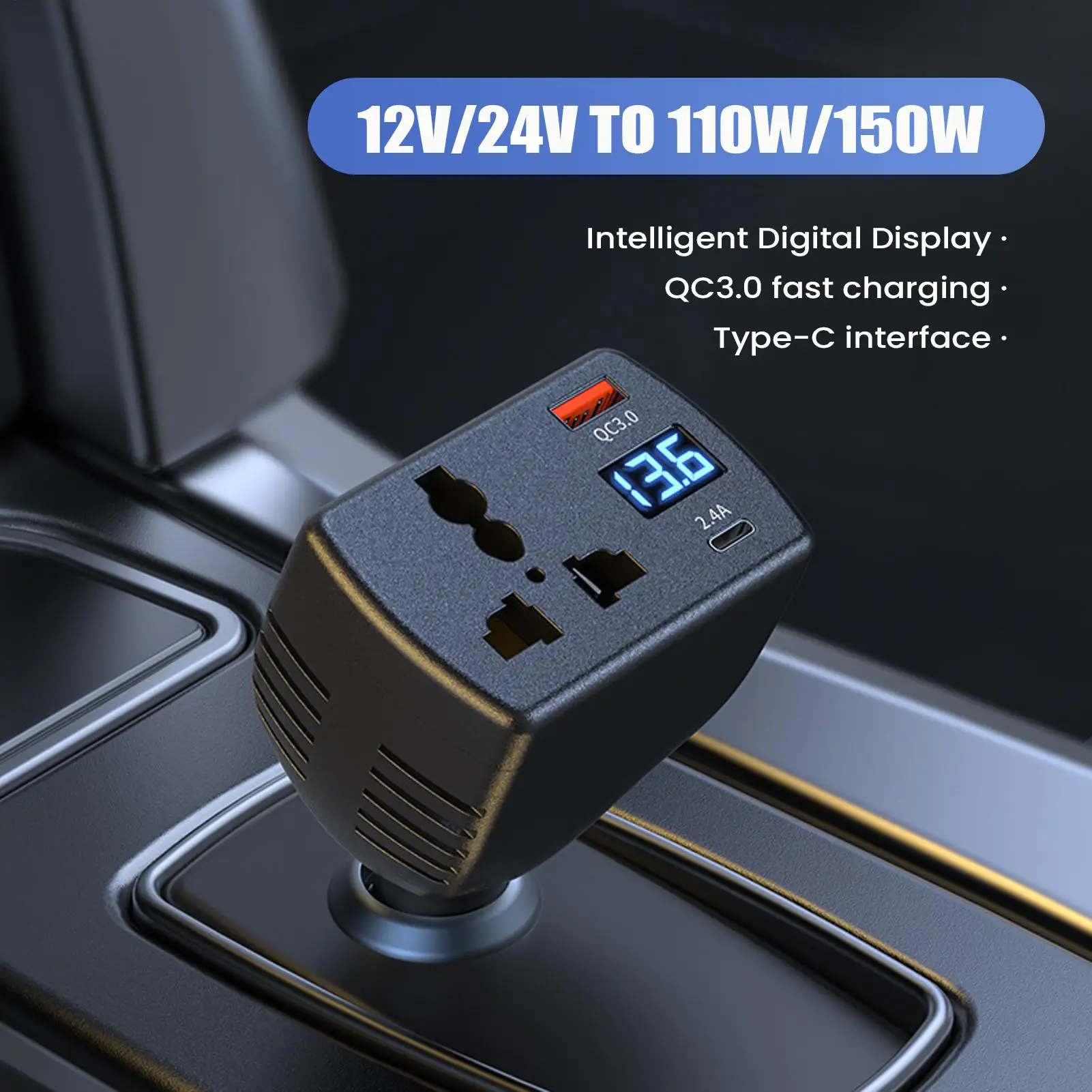150W Car Inverter DC 12V to AC 220V Converter with Digital Display Type-C Port Adapter for Vehicle Charger Car Power Outlet
