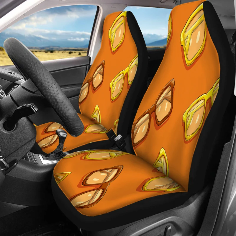 Set Of 2 Front Seat Covers Designed For Cars, Featuring An Orange Glasses Pattern. These Breathable Vehicle Cushions Do Not Have