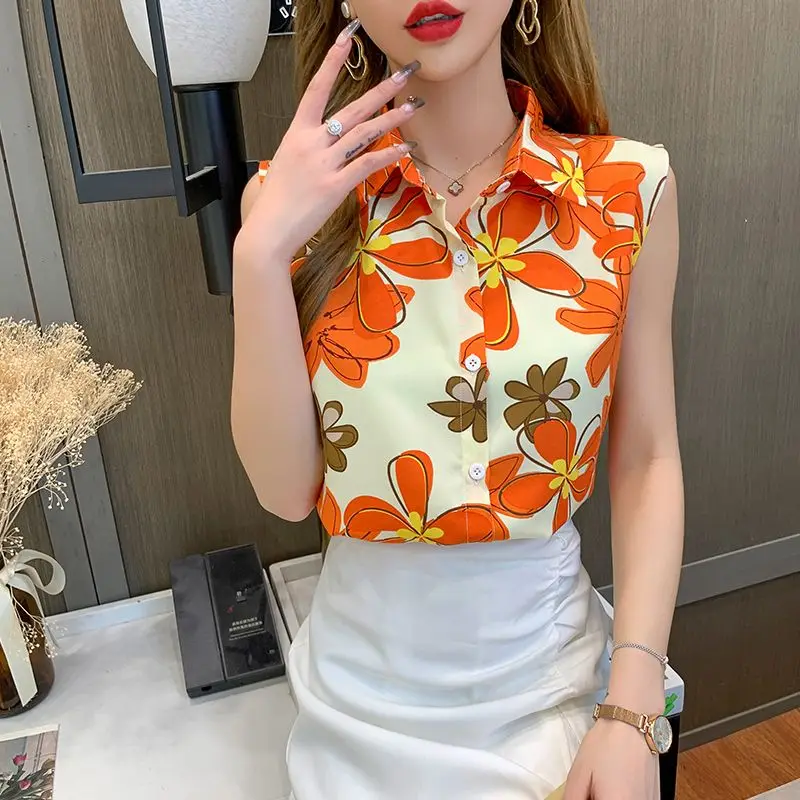 Summer Women Clothing Sleeveless Printed Chiffon Shorts Turn-down Collar Women Blouse Tops