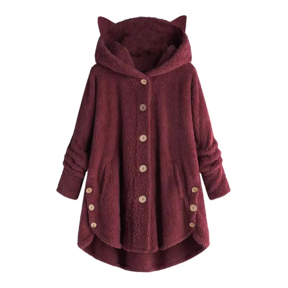 Cute Thick Plush Women Hoodies Winter Fur Cats Ears Hooded Irregular Hem Button Jacket Fleece Hoodies Coat