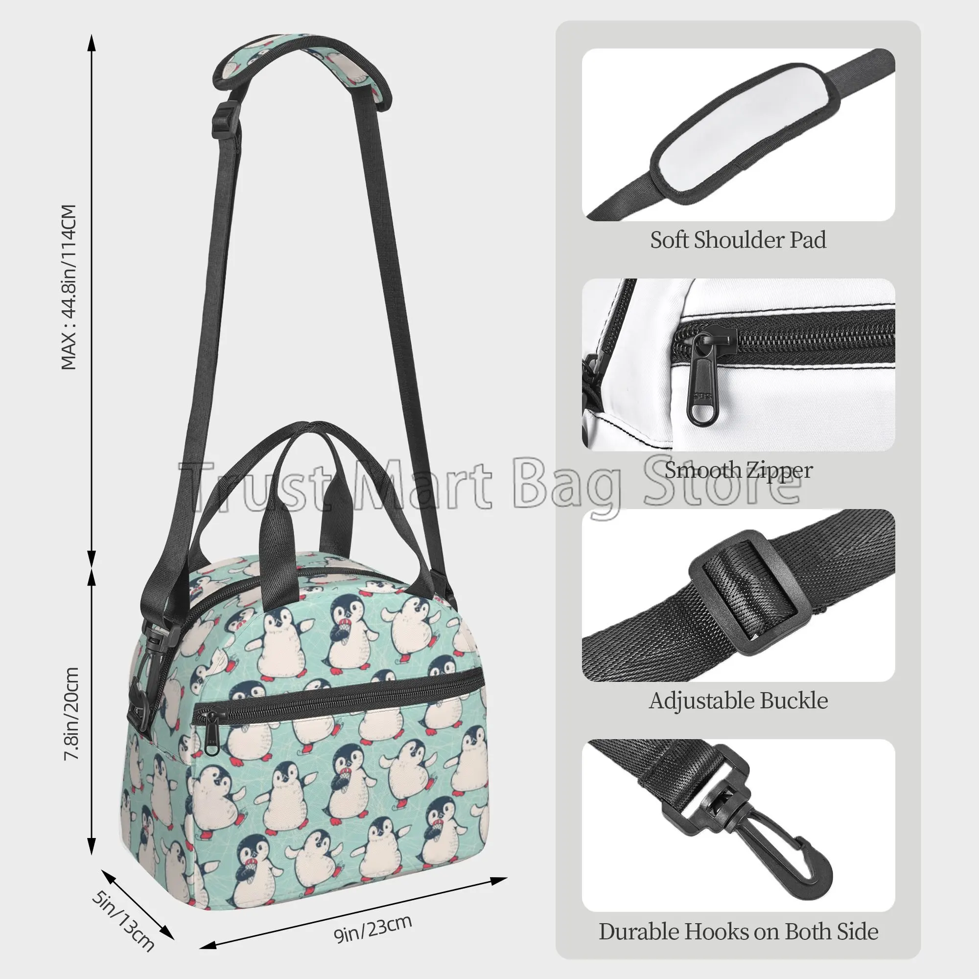 Cute Penguins Reusable Insulated Lunch Bag Cooler Bag Lunch Box Container with Adjustable Shoulder Strap for Picnic School Work
