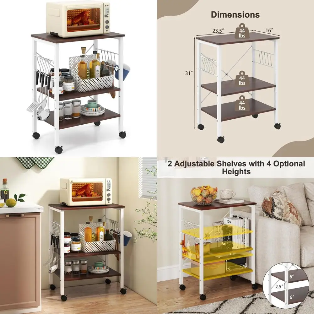 

Industrial-Style 3-Tier Microwave Cart with Wheels, Metal Frame and 10 Hooks for Kitchen Storage Solutions