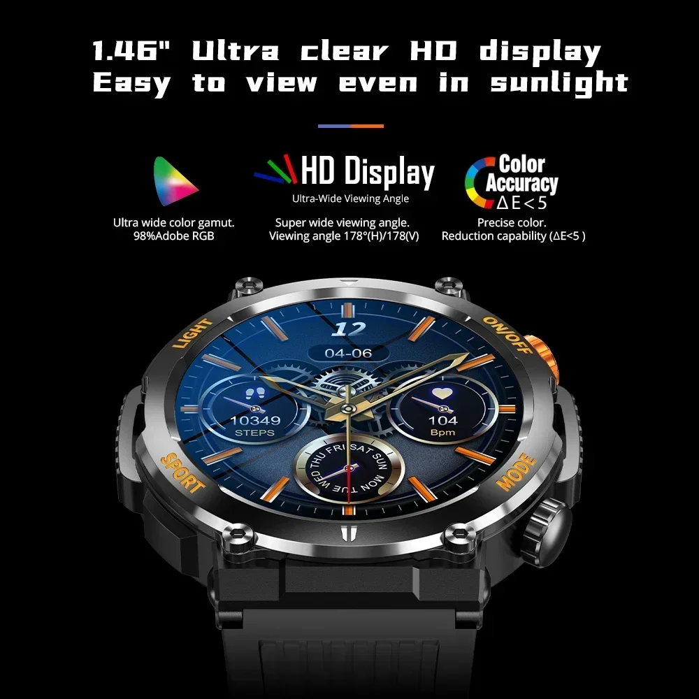 V68 1.46'' HD Display Smartwatch Men 100 Sports Modes Compass Flashlight Military Grade Toughness Smart Watch