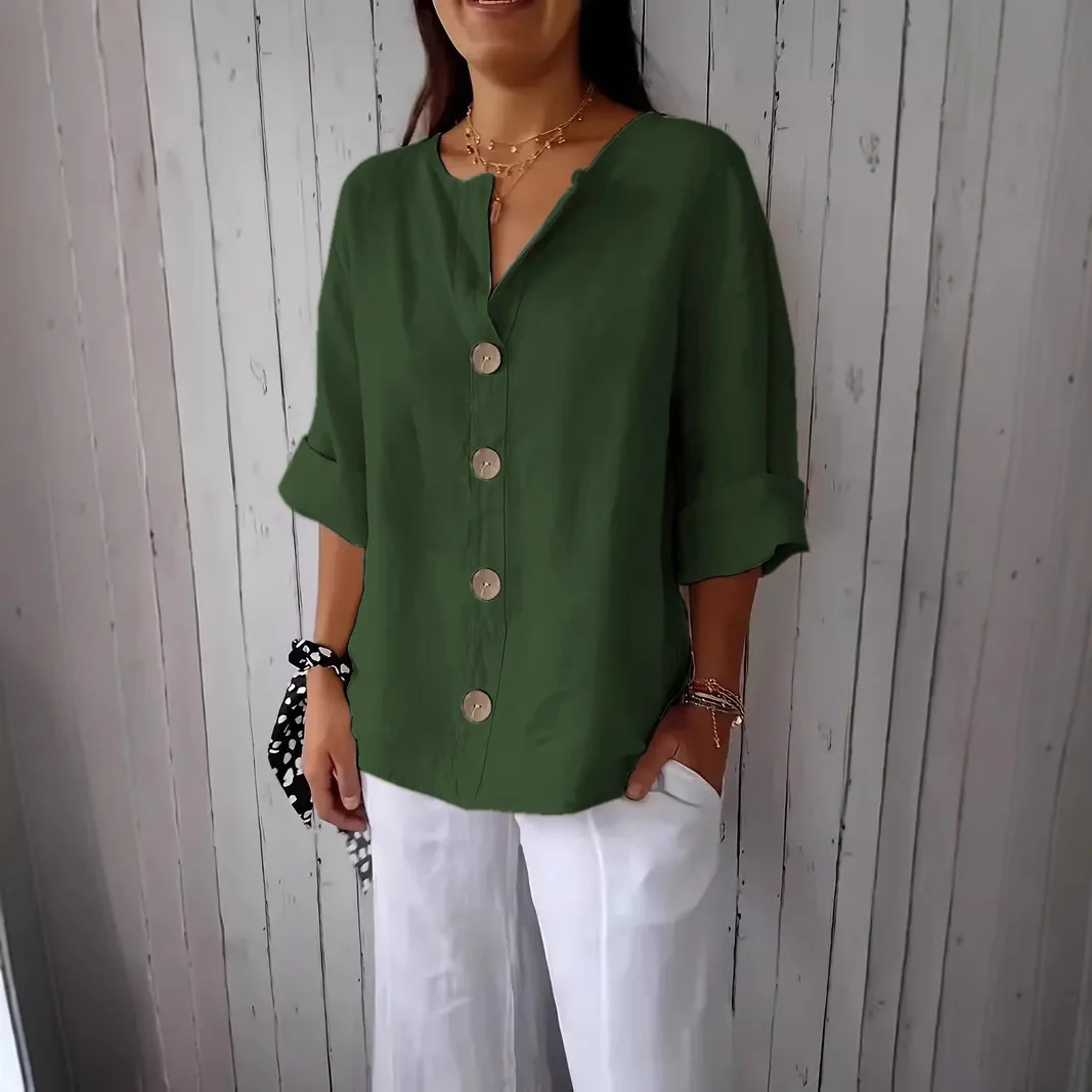 2025 여성 신상 스타일 셔츠 V넥 크롭 슬리브 루즈핏 버튼 통기성 캐주얼 패션 탑 여성 데일리 야외 다용도 탑