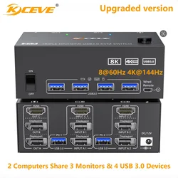 Triple Monitors KVM Switch ,2 Displayport + HD-MIUSB KVM Switch 8K@60Hz,4K@144Hz 3 Monitors 2 Computers KVM with 4 USB 3.0 Ports