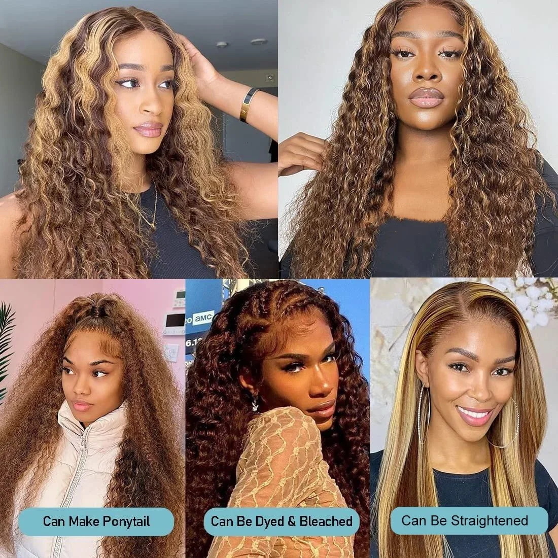 Highlight Ombre Colored Curly HD Transparent 13X4 Human Hair Brown Lace Front Human Hair Deep Wave Lace Frontal Wig 250 Density