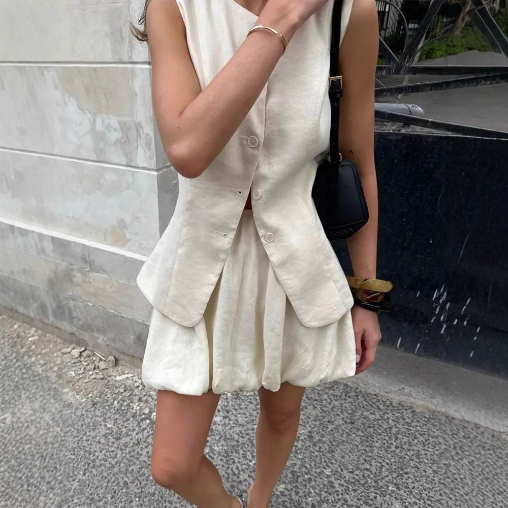 Sweet Cotton Vest Flower Bud Skirt Suit Spring and Summer Women Fashion Slim Fit Soft Single Breasted Top Casual Mini Skirt 2Pcs