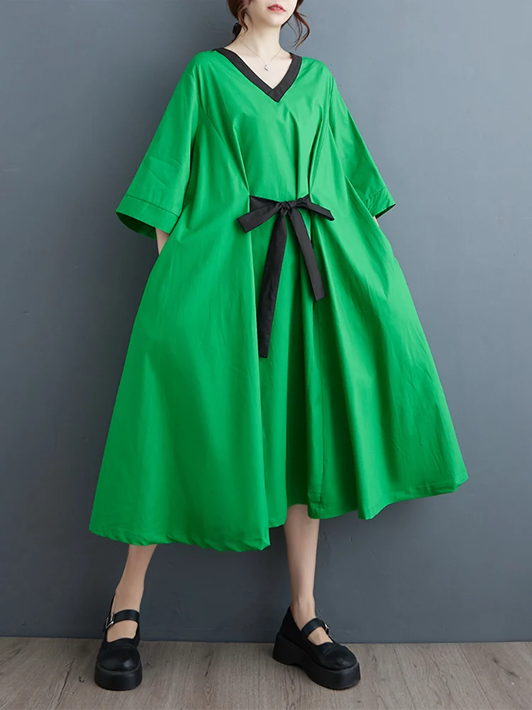 

2024 Summer Green Bow Vintage Contrast Color Dresses For Women Three Quarter Sleeve Loose Casual Dress Fashion Elegant Clothing