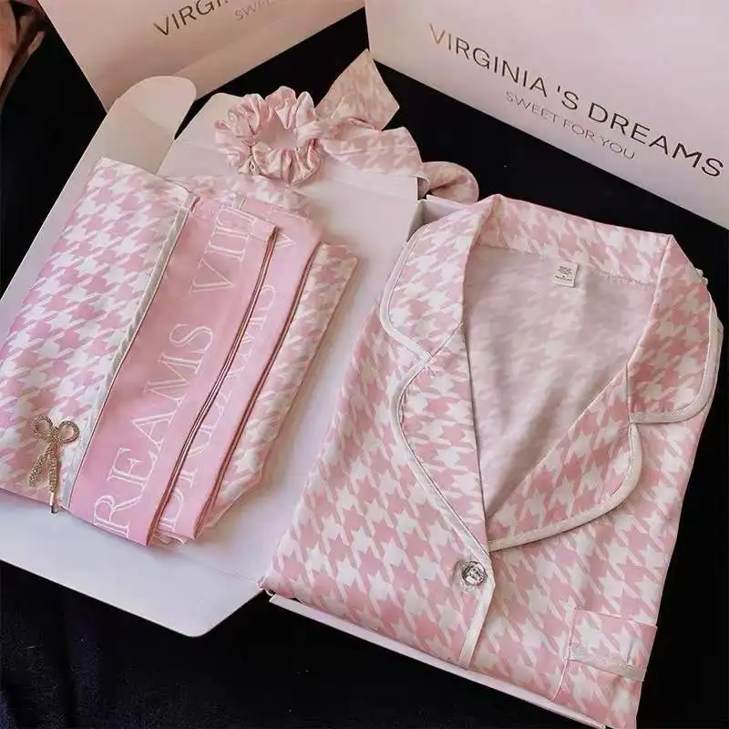 

pink ensemble femme 2 pièces pajamas 2022 new silk pijamas long sleeves pyjamas sets womens outfits high quality sleepwear XXL