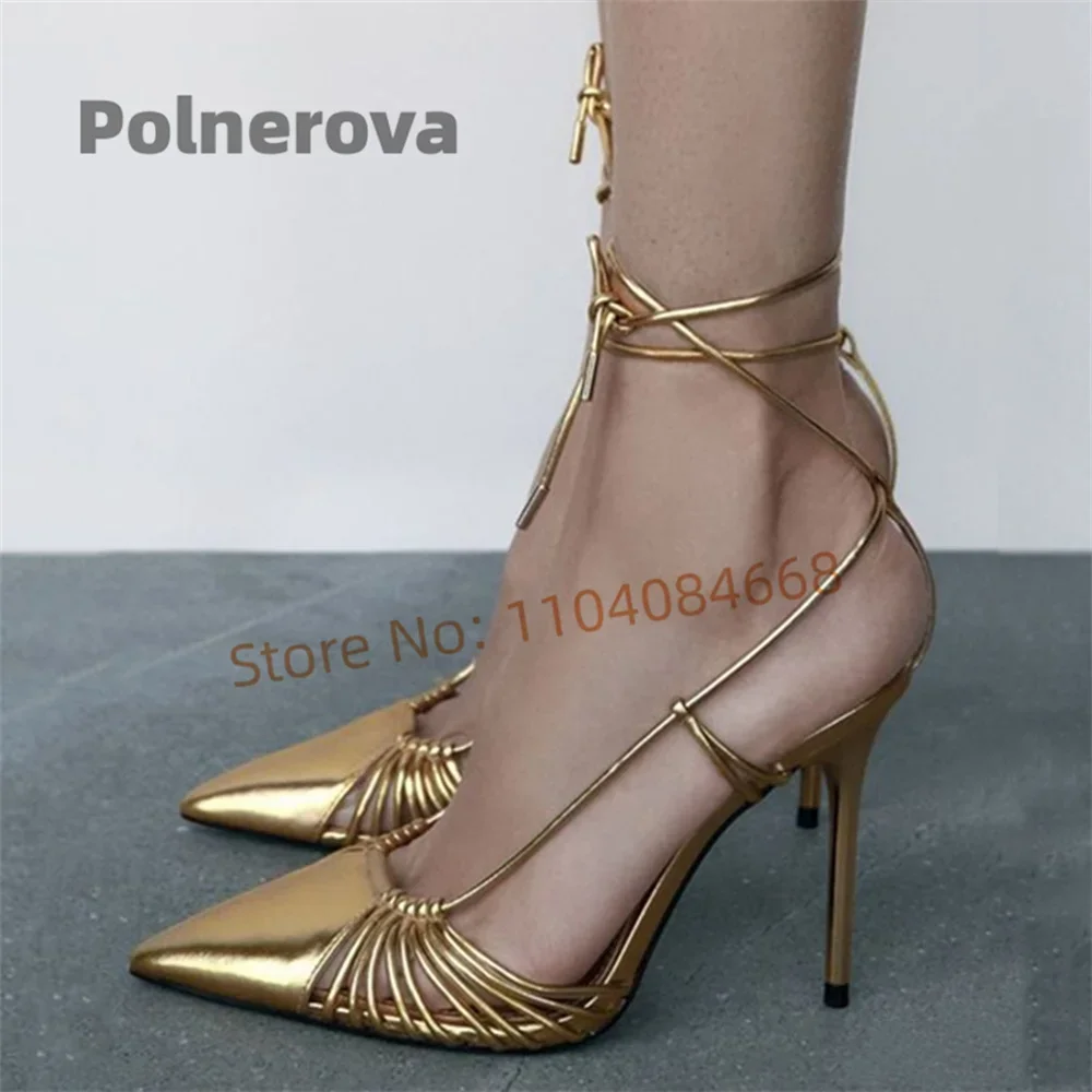 

Golden Strappy Sandals for Women Pointed Toe Narrow Band Hollow Lace-Up Stiletto High Heels Sexy Fashion Women's Shoes Summer