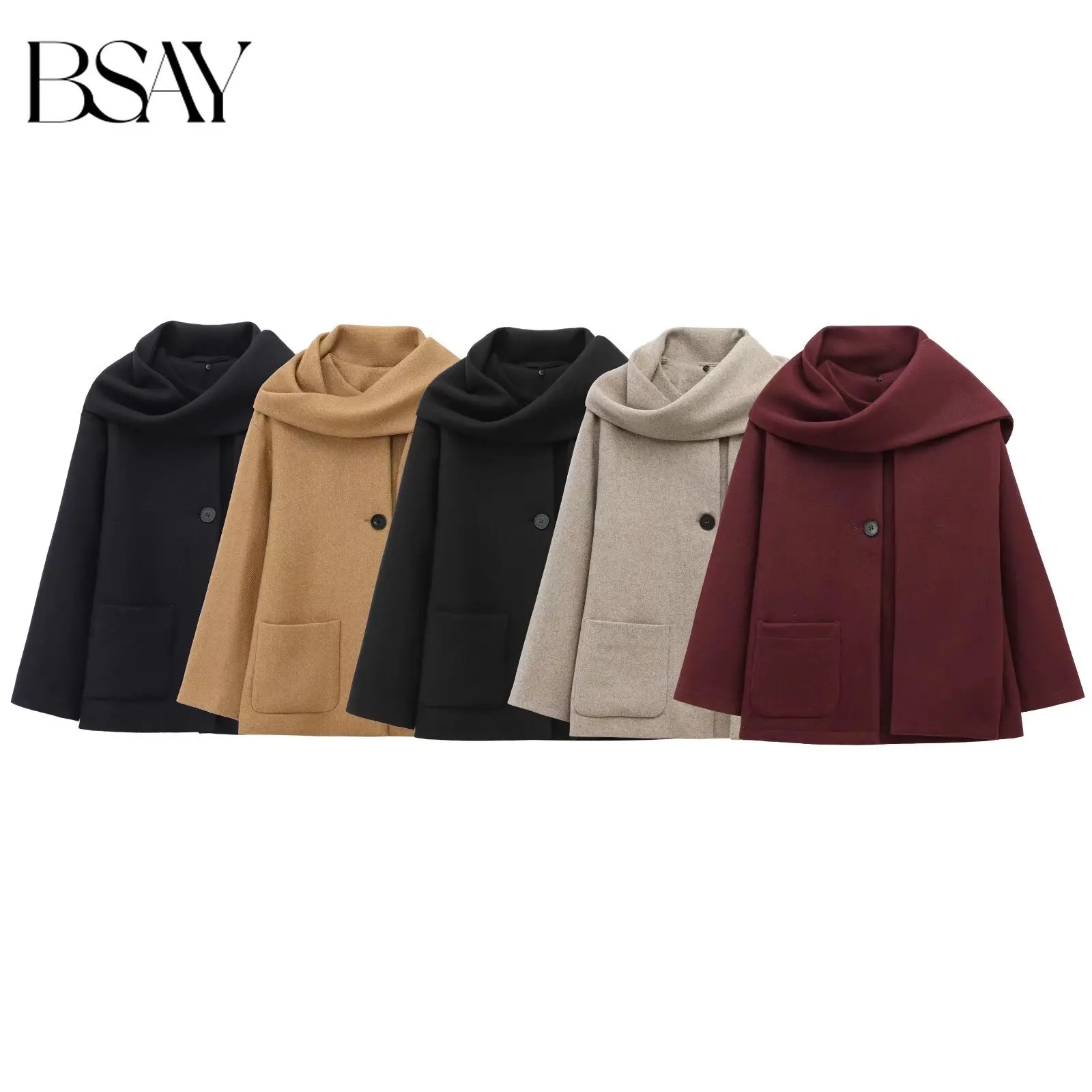 BSAY French Minimalist Women's Coat One Piece Scarf Collar Round Neck Single Breasted With Pockets Autumn Daily Travel Jacket
