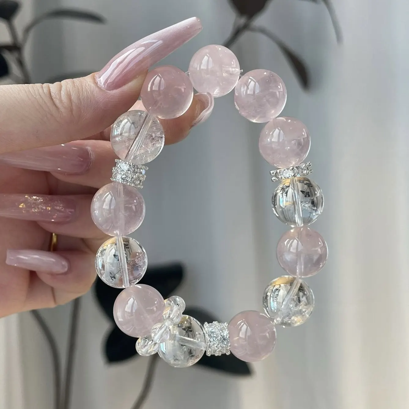 

Natural Pink Crystal, White Aventurine & Blue Moonstone Bracelet with Peach Blossom Charms, Original Design Perfect Gift