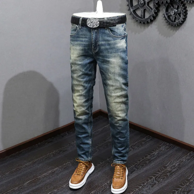 Fashion Designer Men Jeans High Quality Retro Washed Blue Stretch Slim Fit Ripped Jeans Men Vintage Casual Denim Pants Hombre