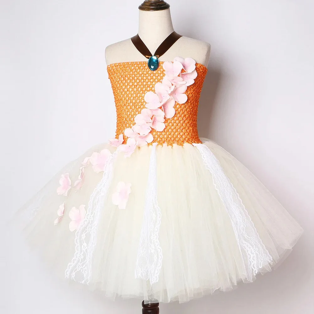 Beige Orange Moanna Princess Dresses for Kids Christmas Halloween Costumes for Girls Ballet Tutus with Necklace Flowers Hairclip