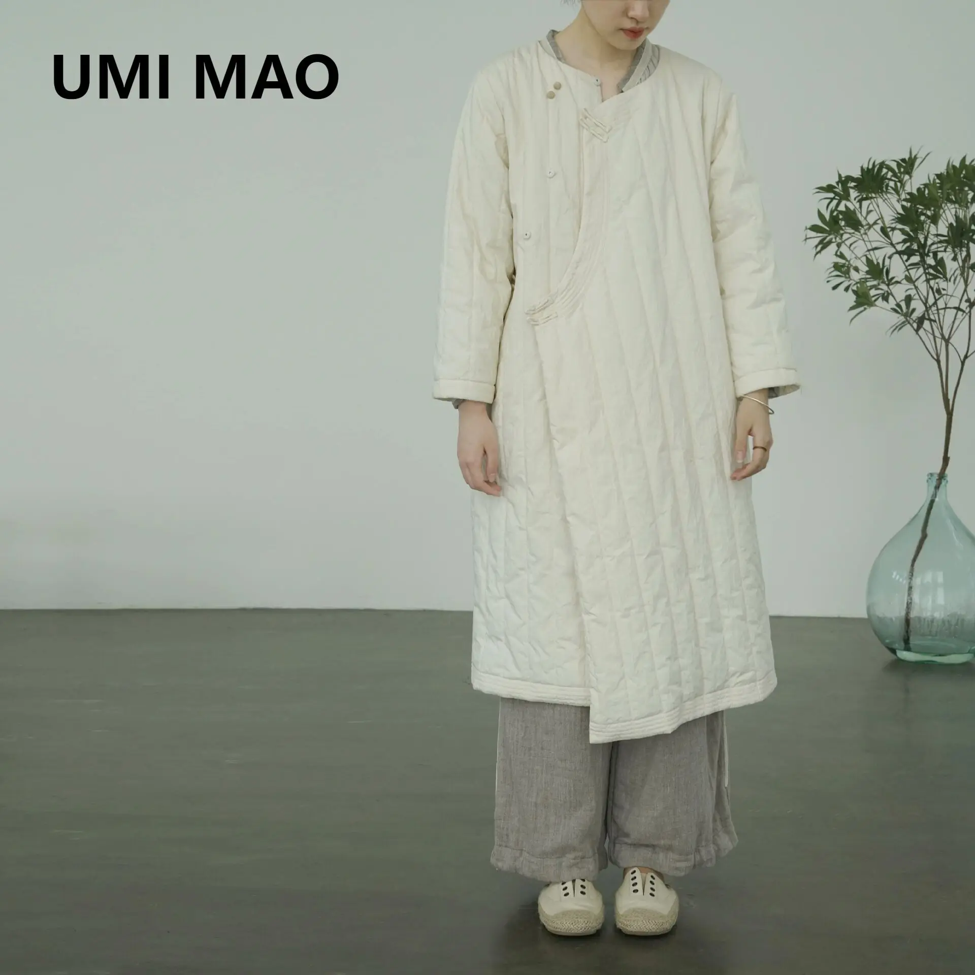 UMI MAO Dress Elegant Oriental Aesthetic Paper Fold Thick Cheongsam Light Chinese Style Cool Pressing Strip Cotton Jumpsuit