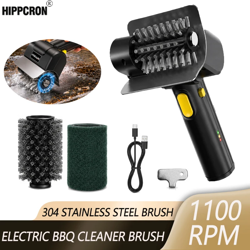 

Hippcron Rechargeable Electric Grill Brush 1100 RPM – 304 Stainless Steel Barbecue Cleaning Tools Ergonomic Non-Slip Handle