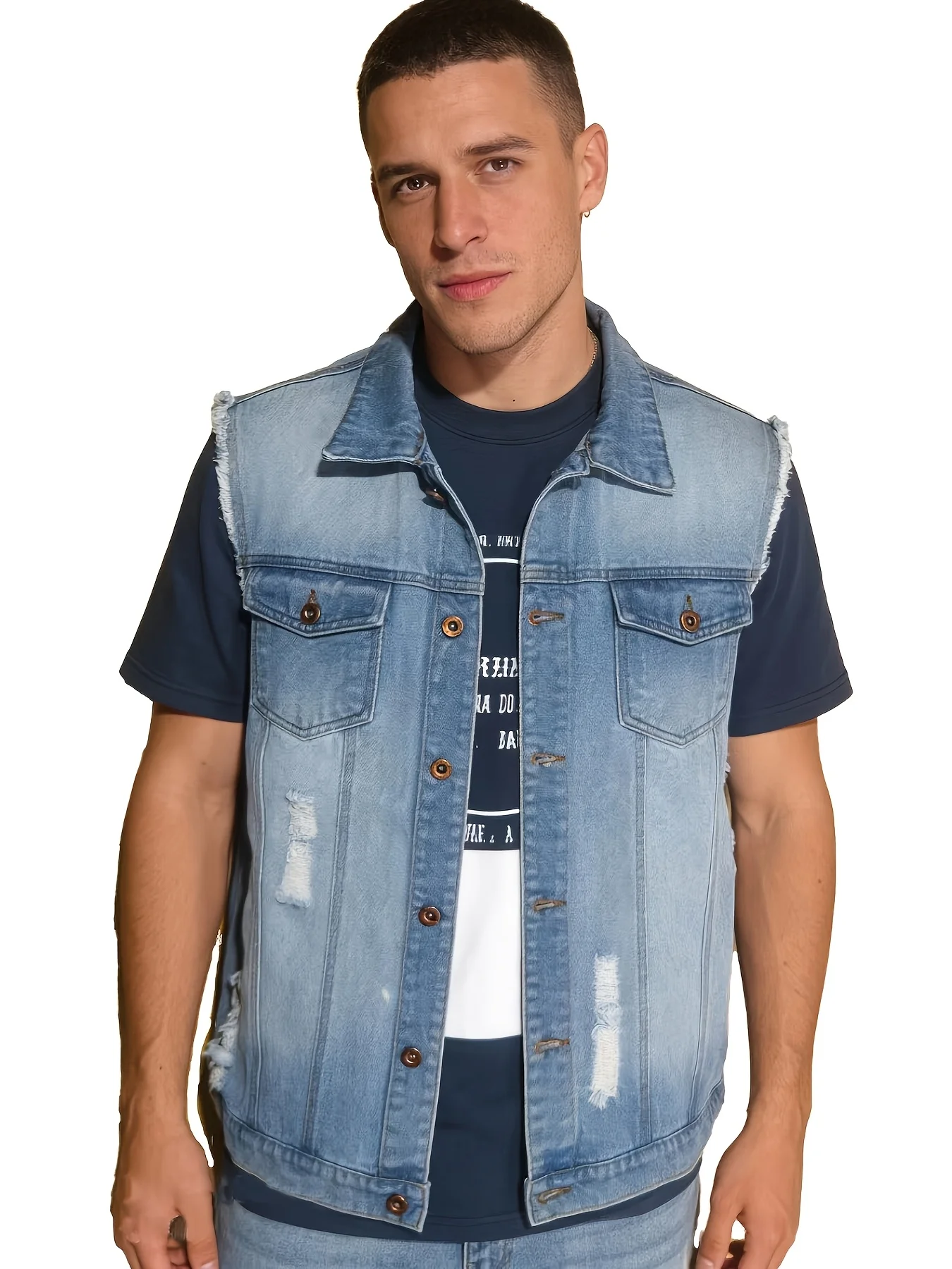 

Men's Extra-Large Size Vest, Soft to the Touch, Skin-Friendly and Breathable, Men's Light Blue Ripped Denim Vest, Lapel Sleeveless Denim Jacket, Street Style Frayed Denim Vest, Spring and Summer Casual Versatile Top