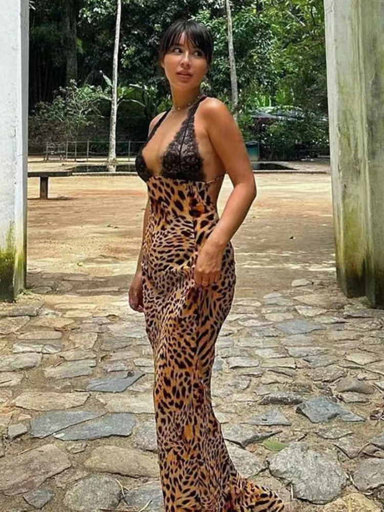 HOUZHOU Sexy Leopard Long Dress Women Summer Lace Patchwork Backless Holiday Dresses Animal Print Sleeveless Spaghetti Strap