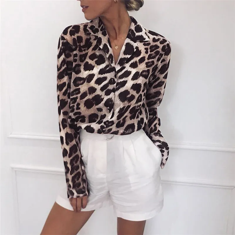 Blusas de manga larga con estampado de leopardo para mujer, cuello de traje, botones, Tops de calle de moda, informales, primavera, verano