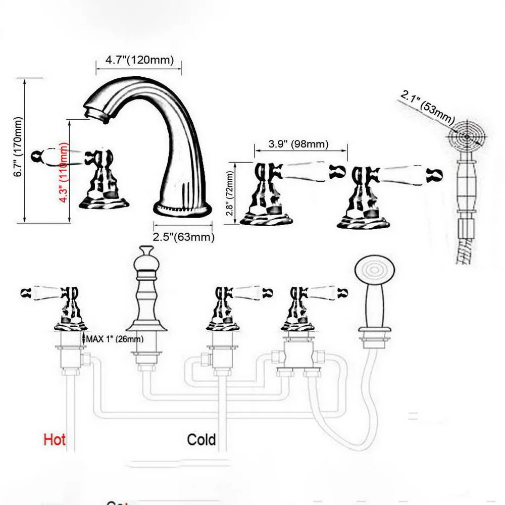 Antique Red Copper Five Hole Deck Mount Bathroom Tub Faucet Set with Handheld Shower Spray Head Mixer Tap Dtf188