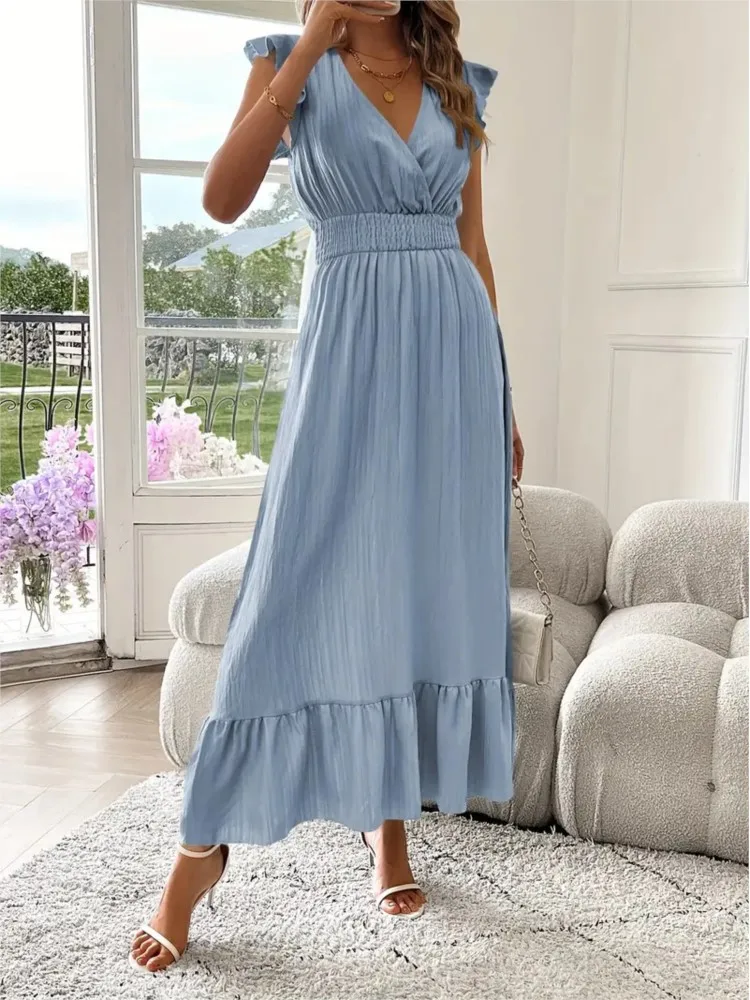 Vestido longo feminino 2025 verão novos vestidos com decote em v cor sólida cintura elástica maxi vestido senhora do escritório moda casual uma linha vestido
