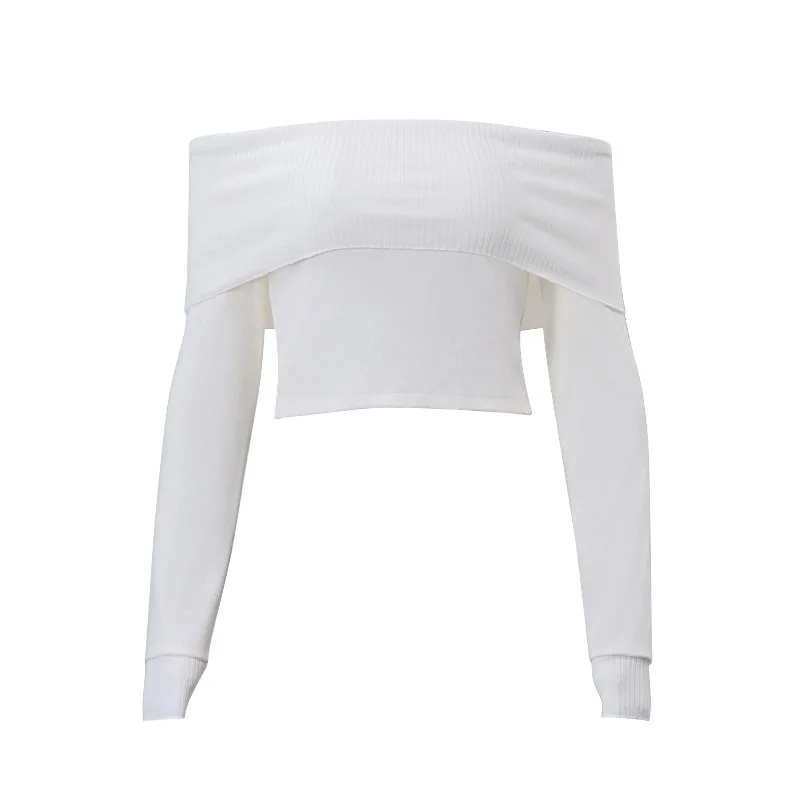 Vintage Off Shoulder T-Shirt Women Spring Solid White Long Sleeve Knit Sweaters Casual T shirts Slim Fit Crop Tops Y2K Clothes