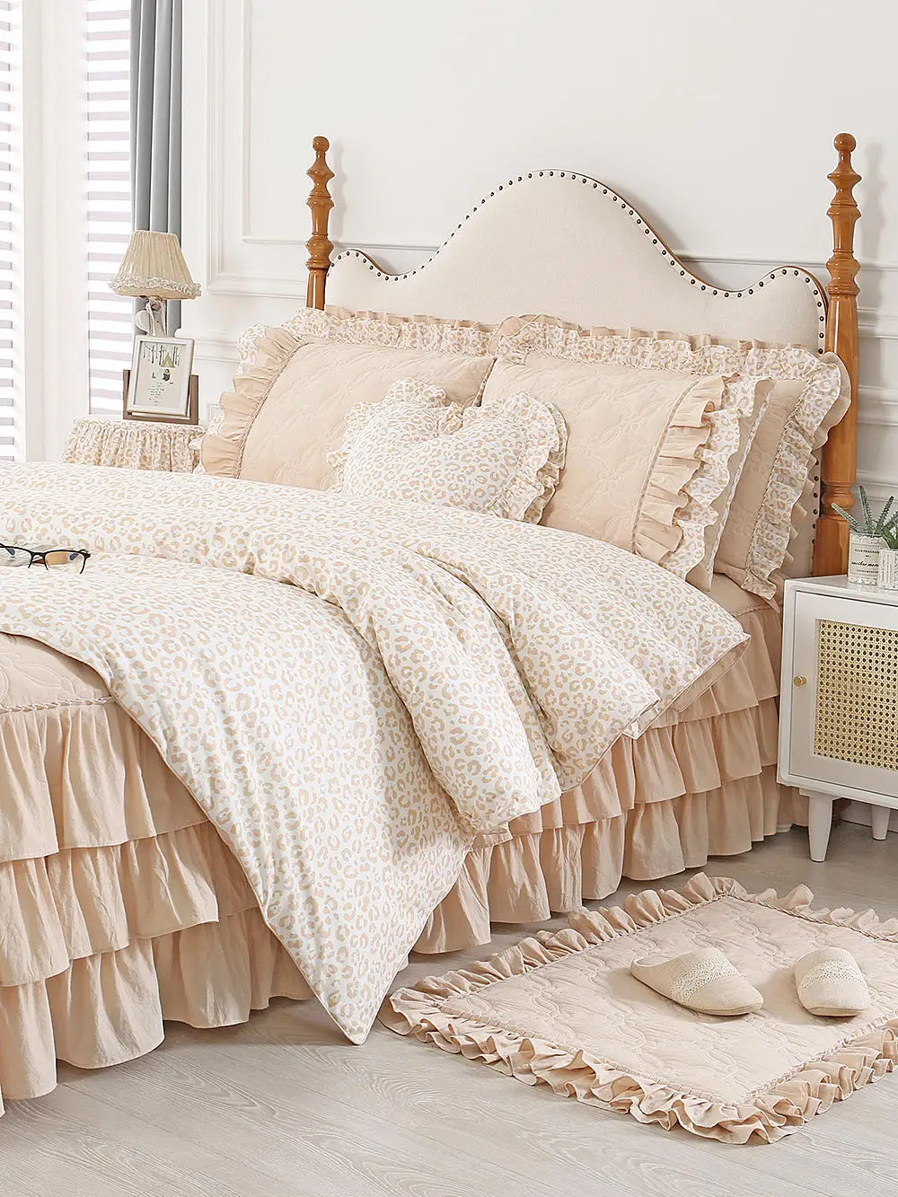 

High-end Leopard Print Bedding Set with Ruffles, Princess Full Cotton Bed 4PCS Set, Pure Cotton Bed Skirt Quilt Set,Duvet Covers