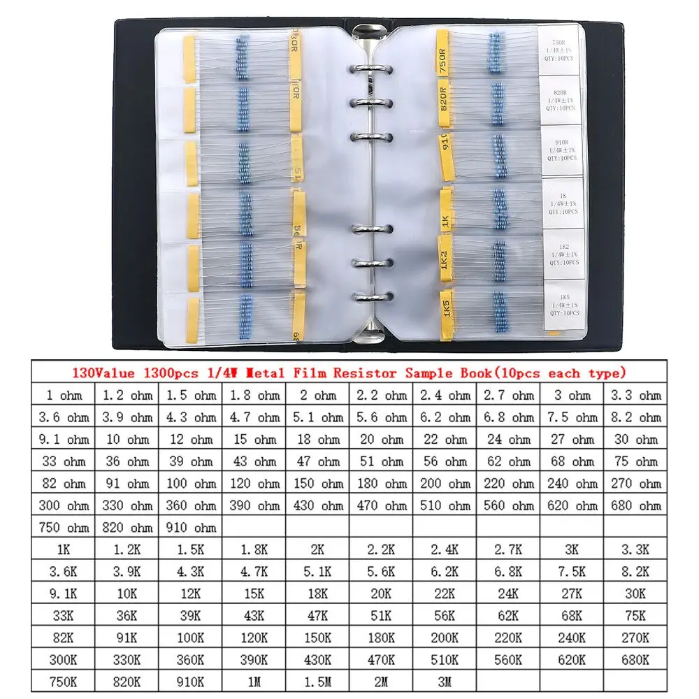 1300pcs 130Value 1% 1/4W Metal Film Resistors Sample Book 0.25W 1R-3M  Assorted kit
