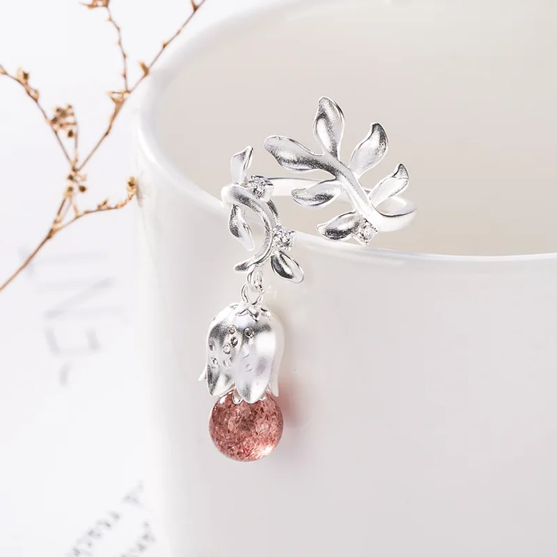 

S925 Pure Silver Natural Strawberry Crystal Tassel Leaf Ring Women's Fashionable And Beautiful Gift