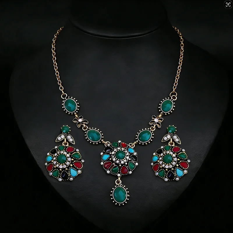 

2 шт. винтажные зеленые ожерелья с камнями и серьги-подвески для вечеринок и свадеб, аксессуары в дворцовом стиле, круглый цветочный ювелирный набор A