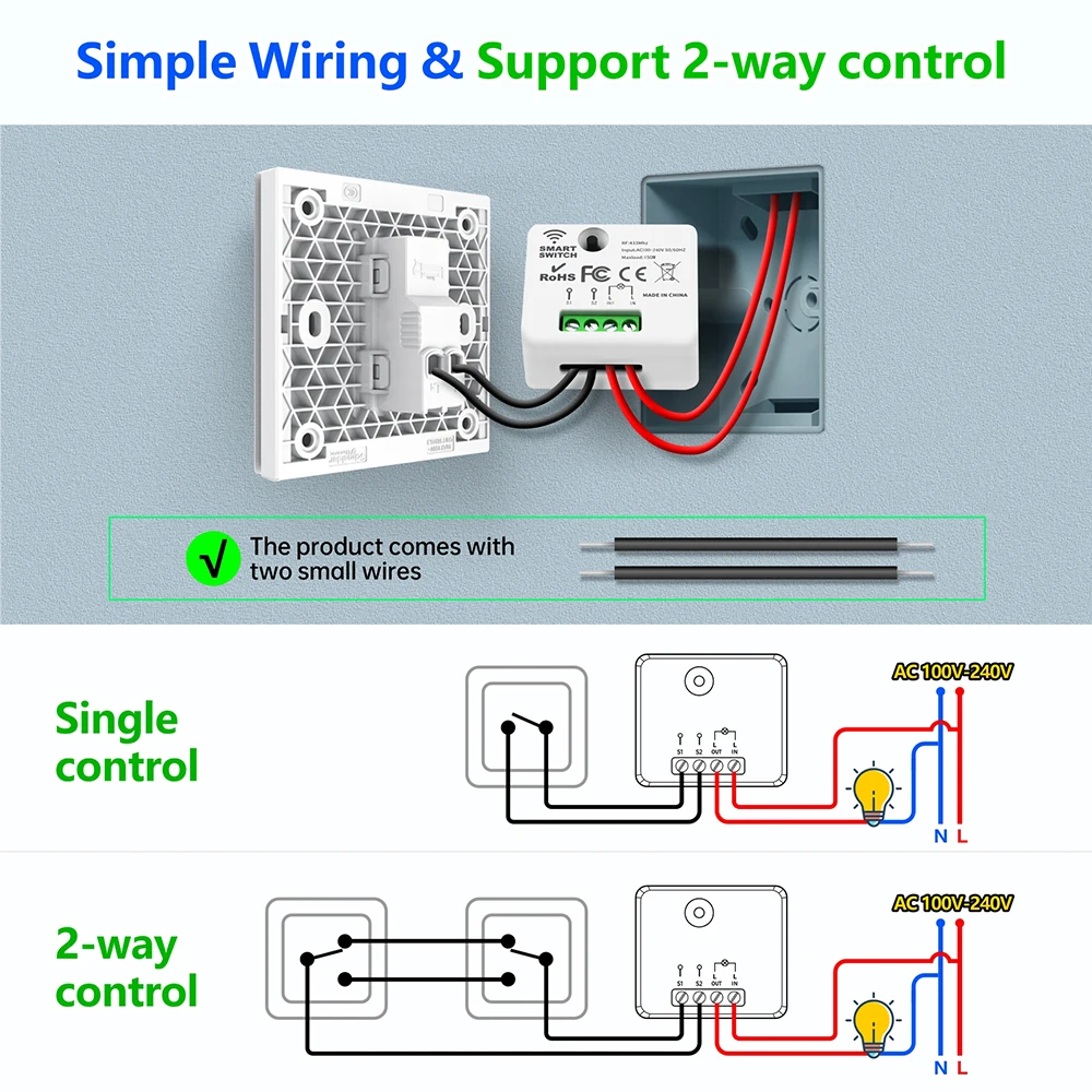 Wireless Smart Light Switch Without Neutral RF 433Mhz Mini Receiver Moudle 220V 110V Push Button Remote Control Lamp Single Live