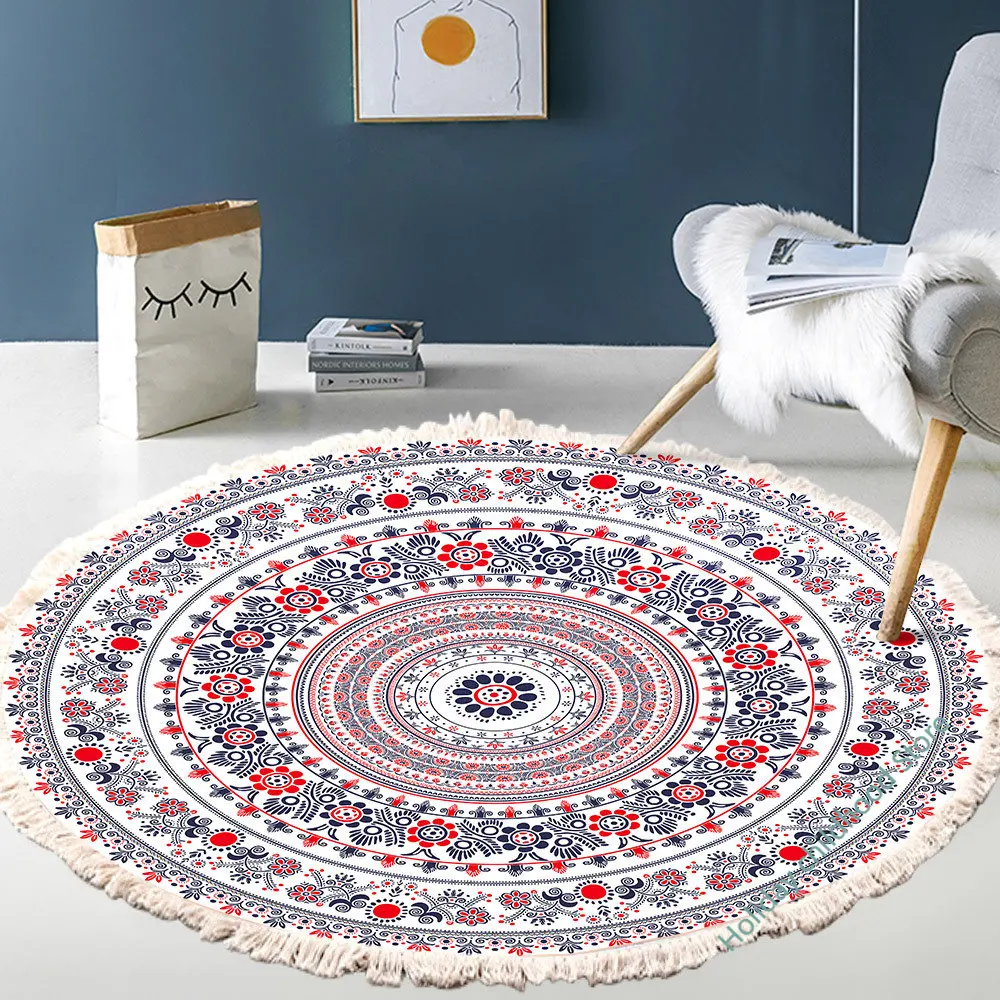 

Hand Woven Cotton Linen Carpet Retro Bohemian Round Bedside Geometric Floor Mat Living Room Home Decor Boho Mandala Tassel Rug